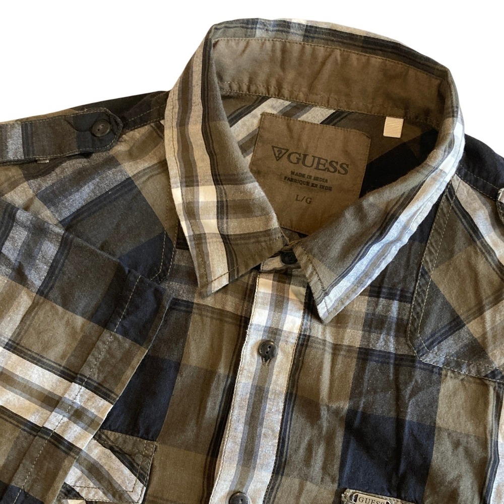 Guess Shirt Men L S/S Plaid Western B/D Green Black Shoulder Button Western